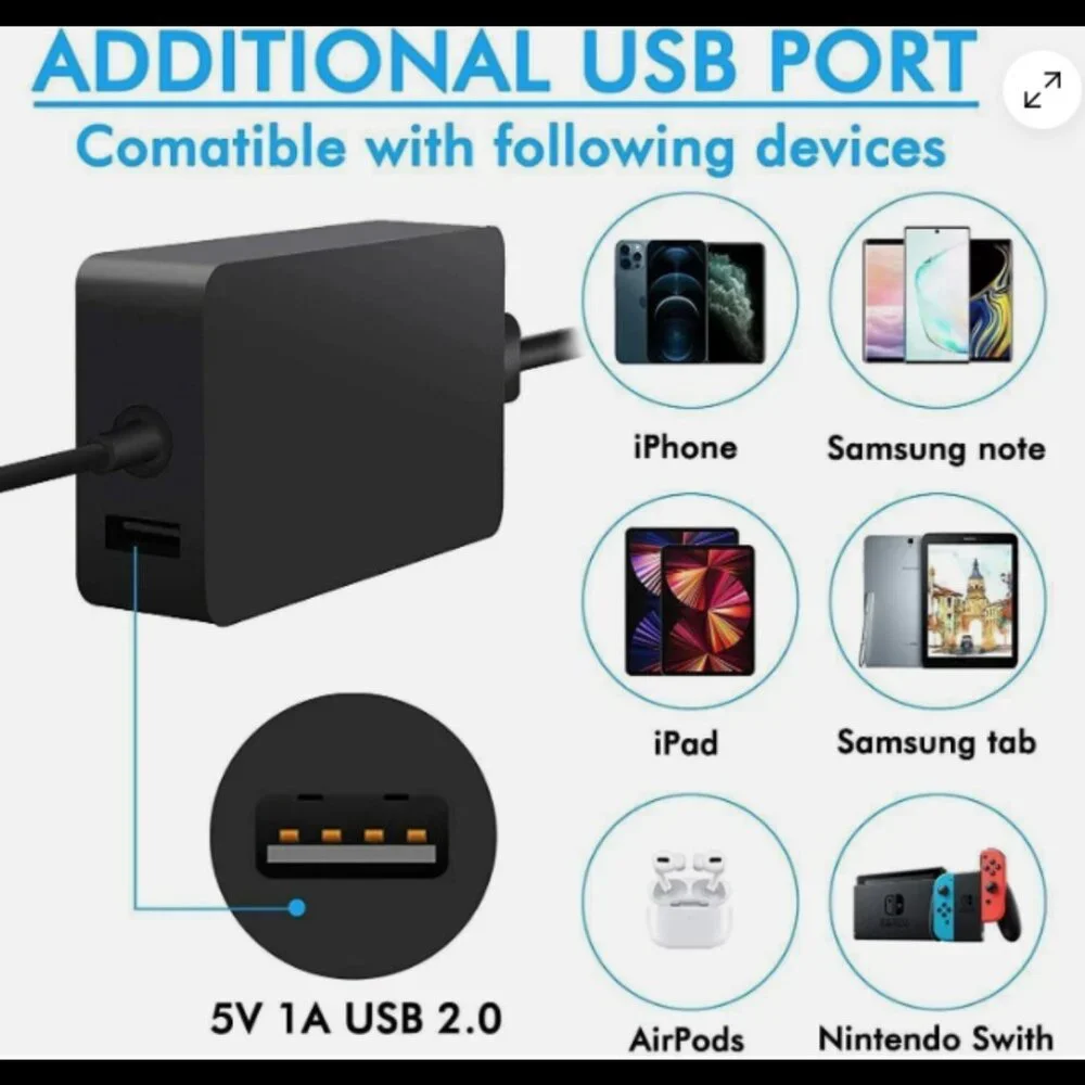 65W Surface Pro 3 4 5 6 7 8 X Charger + 5V/1A USB Port Laptop Power Adapter